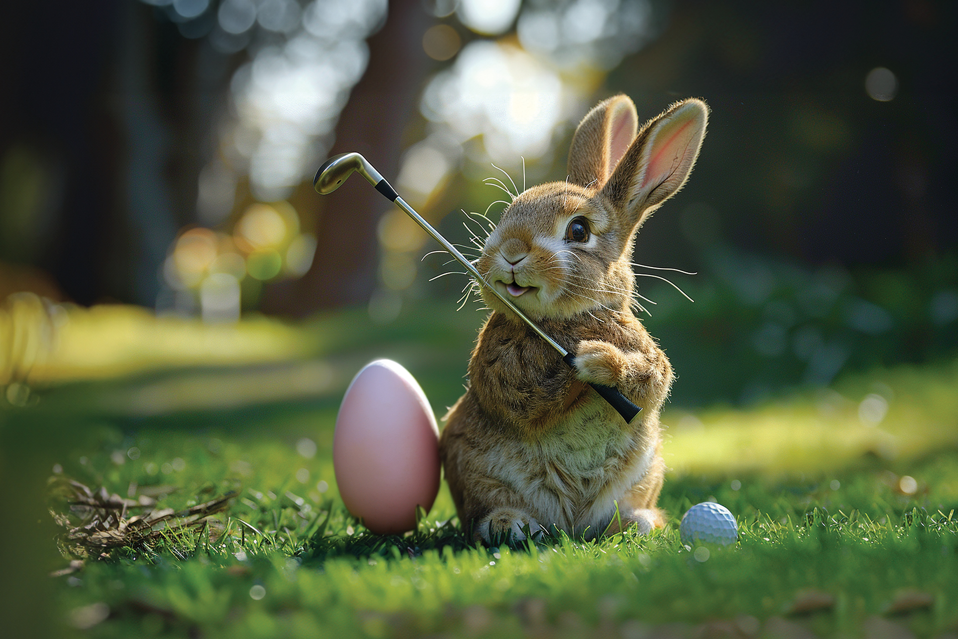 Easter Bunny holding a golf club with Easter eggs on the ground.