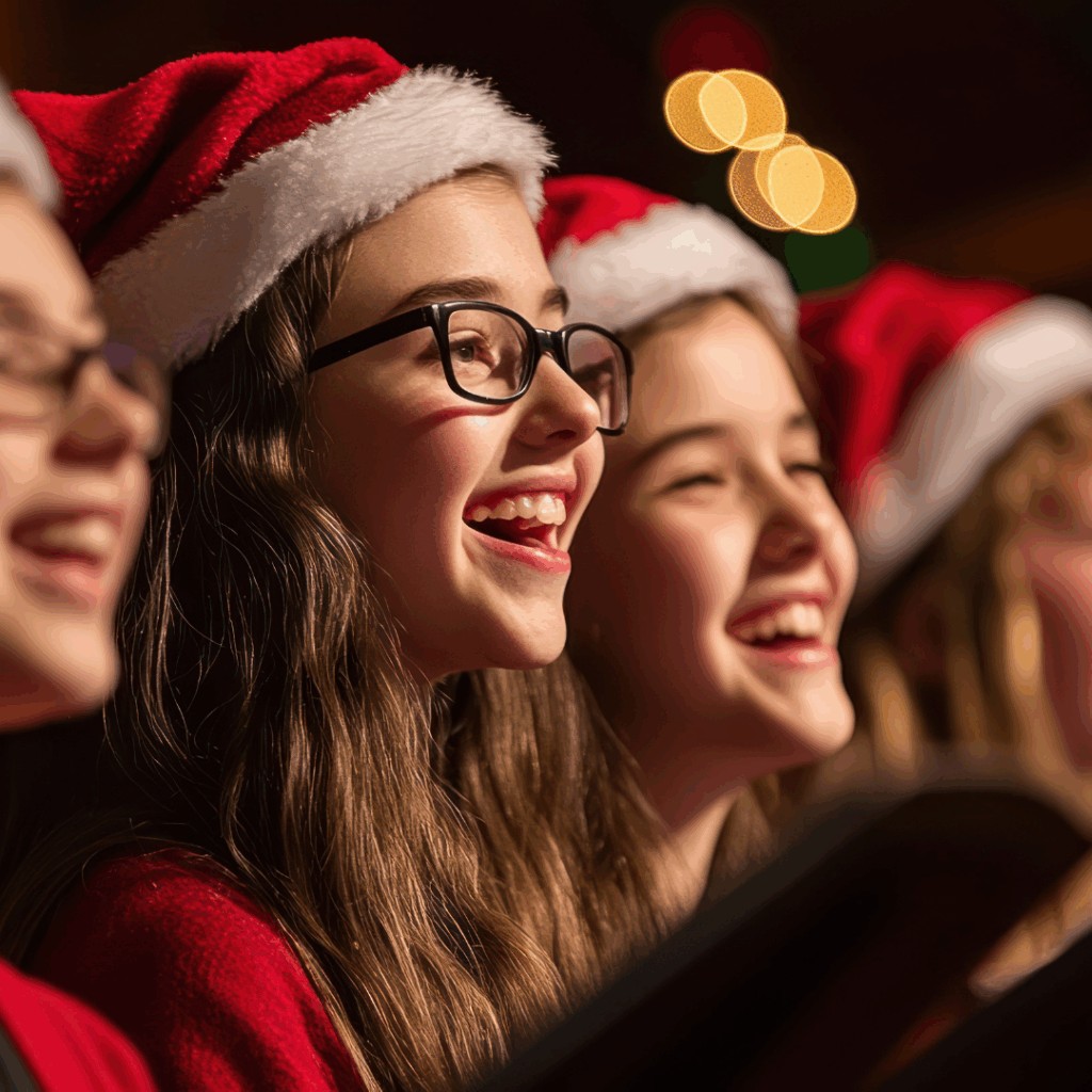 Women singing in santa hats