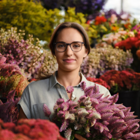Woman standing in garden wearing dark framed glasses